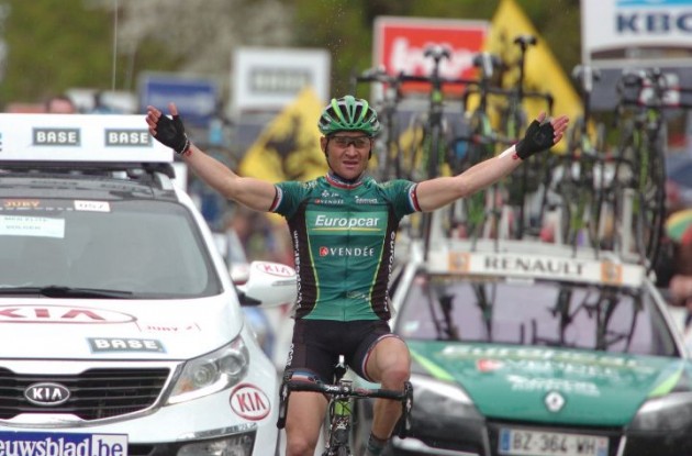 Thomas Voeckler of Team Europcar rides to solo victory in powerful fashion. Photo Fotoreporter Sirotti.