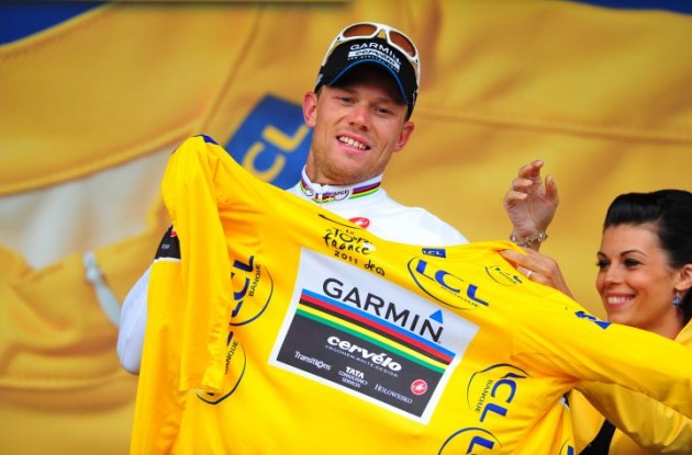 Team Garmin-CervÃ©lo's Thor Hushovd surprisingly keeps the yellow leader's jersey. Photo Fotoreporter Sirotti.