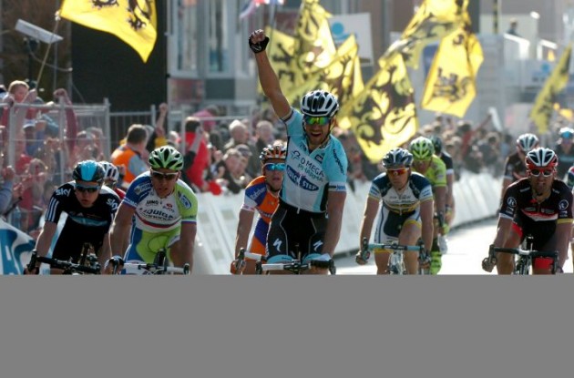 Tom Boonen of Team Omega Pharma-QuickStep powers to victory in Gent-Wevelgem 2012 ahead of Peter Sagan of Team Liquigas-Cannondale and Matti Breschel from Team Rabobank. Photo Fotoreporter Sirotti.