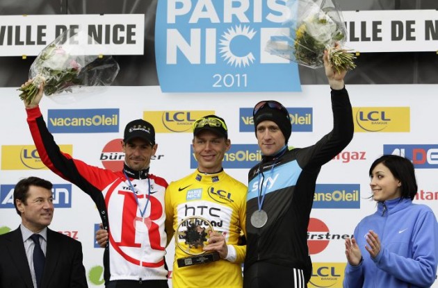 Tony Martin, Andreas KlÃ¶den and Bradley Wiggins on the podium in Nice. Photo Fotoreporter Sirotti.