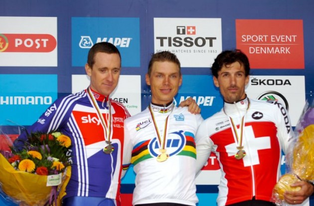 Germany's Tony Martin, Bradley Wiggins (Great Britain) and Fabian Cancellara of Switzerland on the podium in Copenhagen, Denmark.
