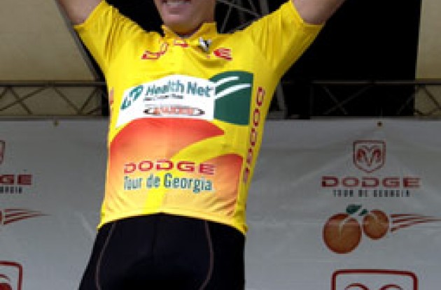 Gordon Fraser of team Health Net wears the yellow jersey after taking stage 1 of the Tour of Georgia.