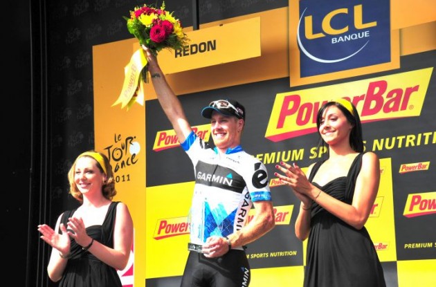 Tyler Farrar is celebrated on the podium after his stage victory on the 4th of July. Photo Fotoreporter Sirotti.