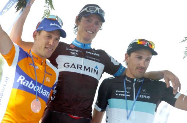 Johan Van Summeren (Team Garmin-Cervelo), Fabian Cancellara (Team Leopard-Trek) and Maarten Tjallingii (Team Rabobank) on the podium in Roubaix. Photo Fotoreporter Sirotti.
