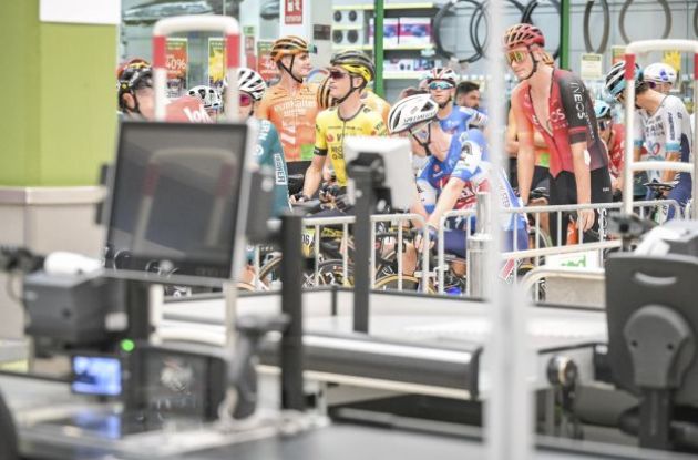 La Vuelta cyclists inside Carrefour supermarket