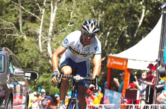 Team Uni-SA's Will Clarke solos to stage victory in 2012 Santos Tour Down Under. Photo Fotoreporter Sirotti.