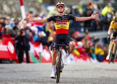 Remco Evenepoel crosses the finish line as winner of stage 3 of La Vuelta a Espana 2023
