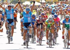 Erik Zabel (Team Milram) takes the stage win in Madrid. Photo copyright Roadcycling.com.