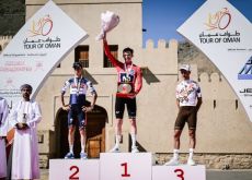 Matteo Jorgenson, Mauri Vansevenant and Geoffrey Bouchard on the Tour of Oman podium