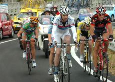 David Millar leads the breakaway.
