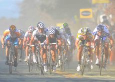 Cavendish, Boonen, Haedo and Hushovd fight for the win in the Californian mist. Photo copyright TDWsports.com.