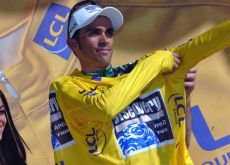 Alberto Contador (Team Discovery Channel) on the podium. Photo copyright Fotoreporter Sirotti.