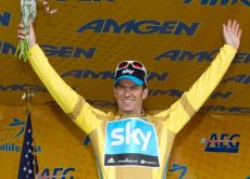 Team Sky's Greg Henderson celebrates his stage win and Tour of California lead on the podium in Modesto.