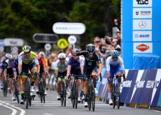 Marius Mayrhofer crosses the finish line first in the 2023 Cadel Evans Great Ocean Road Race