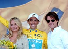 Alberto Contador with Tom Cruise and Cameron Diaz in the 2010 Tour de France - but not in the 2010 cycling World Championships. Photo copyright Fotoreporter Sirotti.