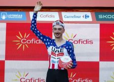 Stage winner Brandon McNulty on the podium following stage 1 of Vuelta a Espana 2024