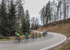 Breakaway riders in mountainous terrain