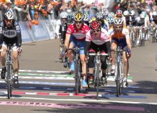 Cadel Evans, Carlos Sastre and co. arrive after a hard chase to catch up with the front group. Photo copyright Fotoreporter Sirotti.