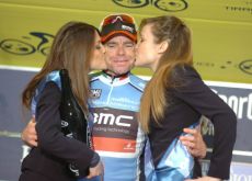 Team BMC Racing's Cadel Evans celebrates his stage win and overall 2011 Tirreno-Adriatico lead on the podium in great fashion and great surroundings. Photo Fotoreporter Sirotti.