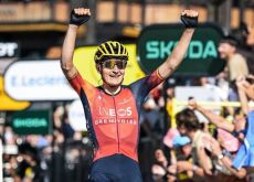 Carlos Rodriguez crosses the finish line as winner of stage 14 at Tour de France 2023