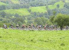 Cyclists riding through green landscape