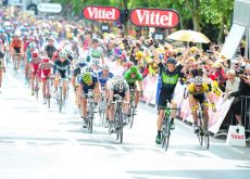 Edvald Boasson Hagen (Norway) sprints to stage 6 victory in Tour de France 2011 for Team Sky ahead of Thor Hushovd of Team Garmin-CervÃ©lo and Matt Goss of Team HTC-
HighRoad. Photo Fotoreporter Sirotti.