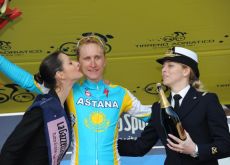 Enrico Gasparotto (Team Astana) on the podium with the cute Italian podium girls. Photo copyright Fotoreporter Sirotti.