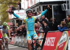 Team Astana's Enrico Gasparotto cheats Philippe Gilbert (Team BMC Racing) in the final meters of the Amstel Gold Race 2012. Jelle Vanendert of Team Lotto-Belisol finishes 2nd and Team Liquigas-Cannondale's Peter Sagan takes third. Photo Fotoreporter Sirotti.