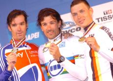 World Champion Fabian Cancellara on the podium in Geelong with David Millar and Tony Martin. Photo Fotoreporter Sirotti.