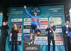 Race leader Filippo Ganna on the Tirreno-Adriatico podium