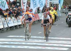 Robert Gesink, Alejandro Valverde and Chris Horner sprint across the finish line in stage four of the 2010 Vuelta Ciclista al Pais Vasco / Tour of the Basque Country.