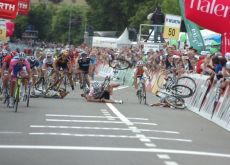 Crash! Marc Cavendish, Heinrich Haussler and other riders hit the tarmac! Photo copyright Fotoreporter Sirotti.