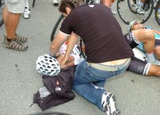 Heinrich Haussler on the tarmac after the crash in the final meters of stage 4 of the 2010 Tour de Suisse. Photo copyright Fotoreporter Sirotti.