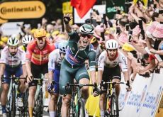 Jasper Philipsen crosses the finish line as winner of stage 11 of Tour de France 2023