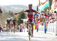 Joaquim Rodriguez climbs to victory in La Fleche Wallonne 2012 beating Team GreenEdge's Michael Albasini and Philippe Gilbert of Team BMC Racing. Photo Fotoreporter Sirotti.