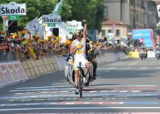 Kanstantsin Sivtsov (Team Columbia-Highroad) takes the stage win after escaping from the peloton in beautiful fashion. Photo copyright Fotoreporter Sirotti. Kanstantsin Sivtsov (Team Columbia-Highroad) takes the stage win after escaping from the peloton in beautiful fashion. Photo copyright Fotoreporter Sirotti.