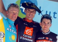Luis Leon Sanchez, Carlos Sastre and Alexandre Vinokourov on the podium in San Sebastian. Photo copyright Fotoreporter Sirotti. Luis Leon Sanchez, Carlos Sastre and Alexandre Vinokourov on the podium in San Sebastian. Photo copyright Fotoreporter Sirotti.