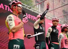Magnus Cort and Ben Healy on the Giro d'Italia stage 8 start podium
