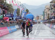 Magnus Cort crosses the finish line as winner of stage 10 of Giro d'Italia 2023