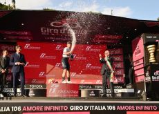 Mark Cavendish celebrates his Giro d'Italia stage victory on the podium in Rome