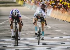 Matej Mohoric beats Kasper Asgreen in the sprint across the finish line of stage 19 of Tour de France 2023