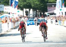 Matthew Busche wins the sprint against George Hincapie. Photo copyright Casey B. Gibson.
