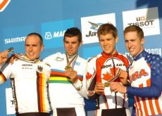 Michael Matthews, Germany's John Degenkolb, USA's Taylor Phinney and Canada's Guillaume Boivin on the podium. Photo Fotoreporter Sirotti.