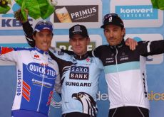 Nick Nuyens celebrating his Tour of Flanders win on the podium. Photo Fotoreporter Sirotti.