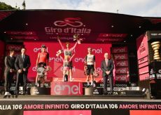 Primoz Roglic Geraint Thomas Joao Almeida on Giro d'Italia podium
