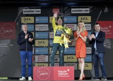 Primoz Roglic in the yellow jersey on the podium