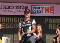 Simon Gerrans (Cervelo TestTeam) in a champagne supernova on the podium. Photo copyright Fotoreporter Sirotti.