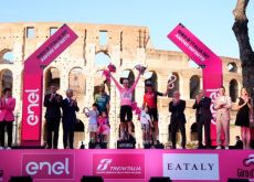 Tadej Pogacar Daniel Martinez and Geraint Thomas with children on Giro d'Italia podium