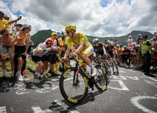 Tadej Pogacar leads Jonas Vingegaard on his yellow Colnago bike in stage 11 of Tour de France 2024