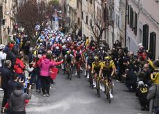 Team Jumbo-Visma leading the peloton in Tirreno-Adriatico